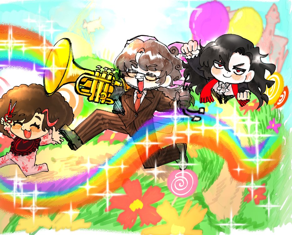 afro, balloon, beard_stubble, black_gloves, black_hair, black_shoes, brown_hair, brown_suit