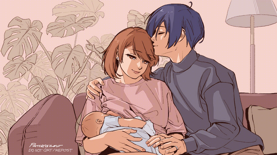 1girl, 2boys, artist_name, baby, blue_hair, breastfeeding, brown_eyes, brown_hair