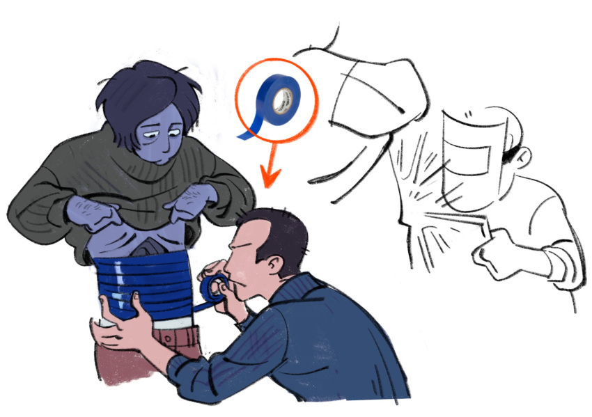 2boys, black_eyes, black_hair, blue_skin, blue_sweater, coat_guy_(no_i'm_not_a_human), colored_skin, duct_tape