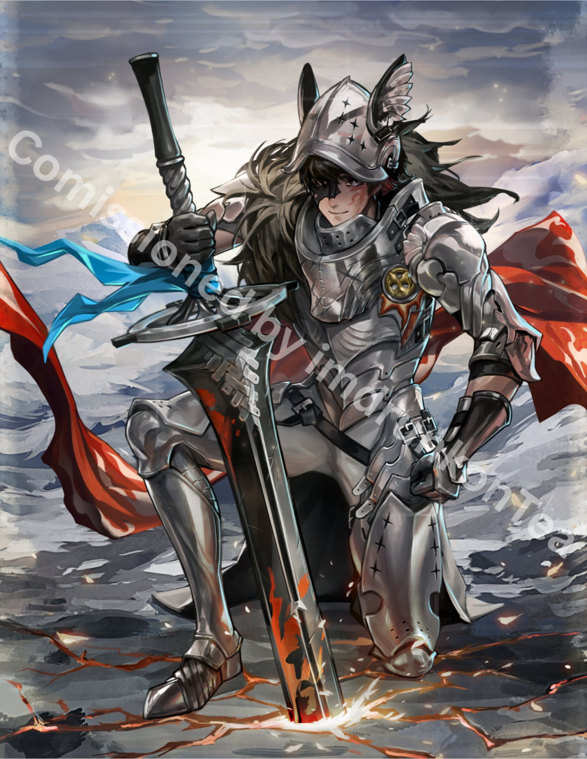 1boy, animal_ear_helmet, animal_helmet, armor, armored_boots, black_gloves, black_hair, black_mask
