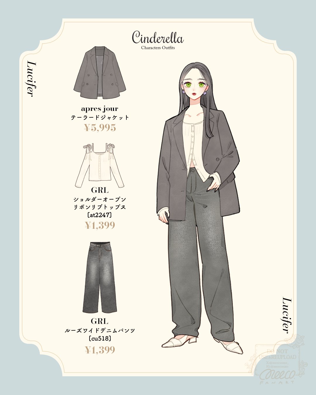 1girl, animification, black_hair, cinderella_(disney_movie), genderswap, green_eyes, highres, humanization, long_hair, long_sleeves, looking_at_viewer, lucifer_(disney), meecosme, pants, shirt, simple_background, solo, tagme