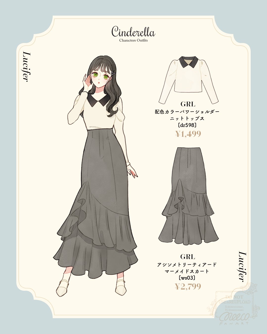 1girl, animification, black_hair, cinderella_(disney_movie), genderswap, green_eyes, highres, humanization, long_hair, long_sleeves, looking_at_viewer, lucifer_(disney), meecosme, shirt, simple_background, skirt, solo, tagme