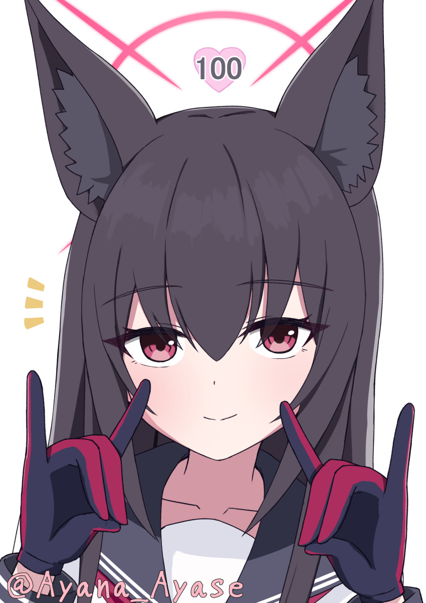 1girl, animal_ear_fluff, animal_ears, ayana_ayase, black_gloves, black_sailor_collar, blue_archive, blush, brown_hair, closed_mouth, commentary_request, double_fox_shadow_puppet, eyelashes, eyes_visible_through_hair, fox_ears, fox_girl, fox_shadow_puppet, gloves, hair_between_eyes, halo, hands_up, heart, highres, long_hair, looking_at_viewer, notice_lines, pink_halo, portrait, red_eyes, sailor_collar, school_uniform, serafuku, simple_background, smile, solo, split_mouth, straight_hair, tsurime, twitter_username, white_background, yukino_(blue_archive)