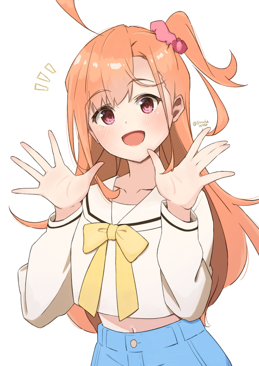 1girl, absurdres, ahoge, artist_name, blue_shorts, blush, commentary, hair_ornament