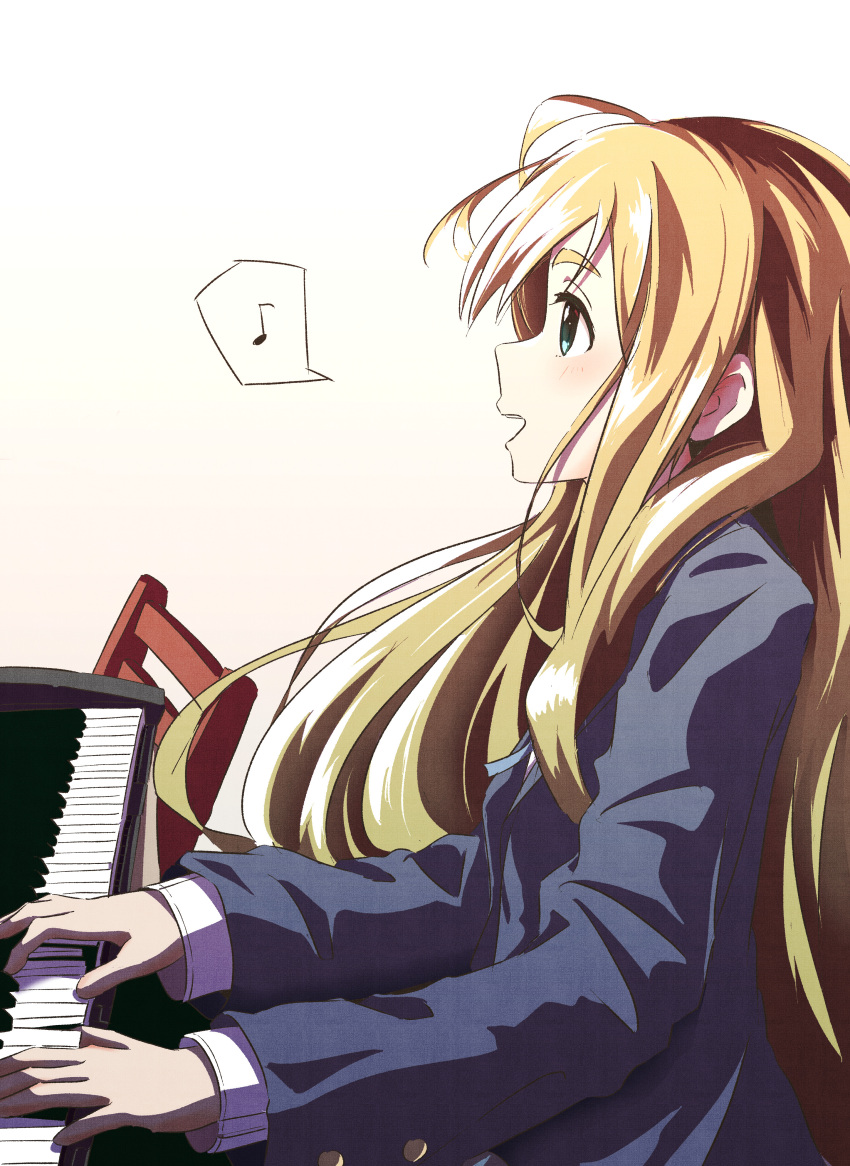 1girl, absurdres, asuka_(pixiv82529874), blonde_hair, blue_eyes, blue_jacket, eighth_note, from_side