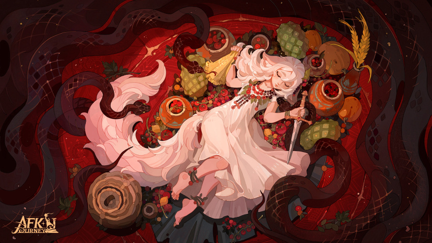 1girl, afk_(series), afk_journey, barefoot, chinchilla_ears, chinchilla_girl, chinchilla_tail, closed_eyes