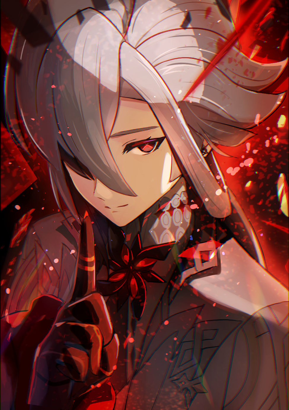 1girl, arlecchino_(genshin_impact), ayumi_(ayumi99999999), black_eyes, black_hands, coat, colored_extremities, genshin_impact