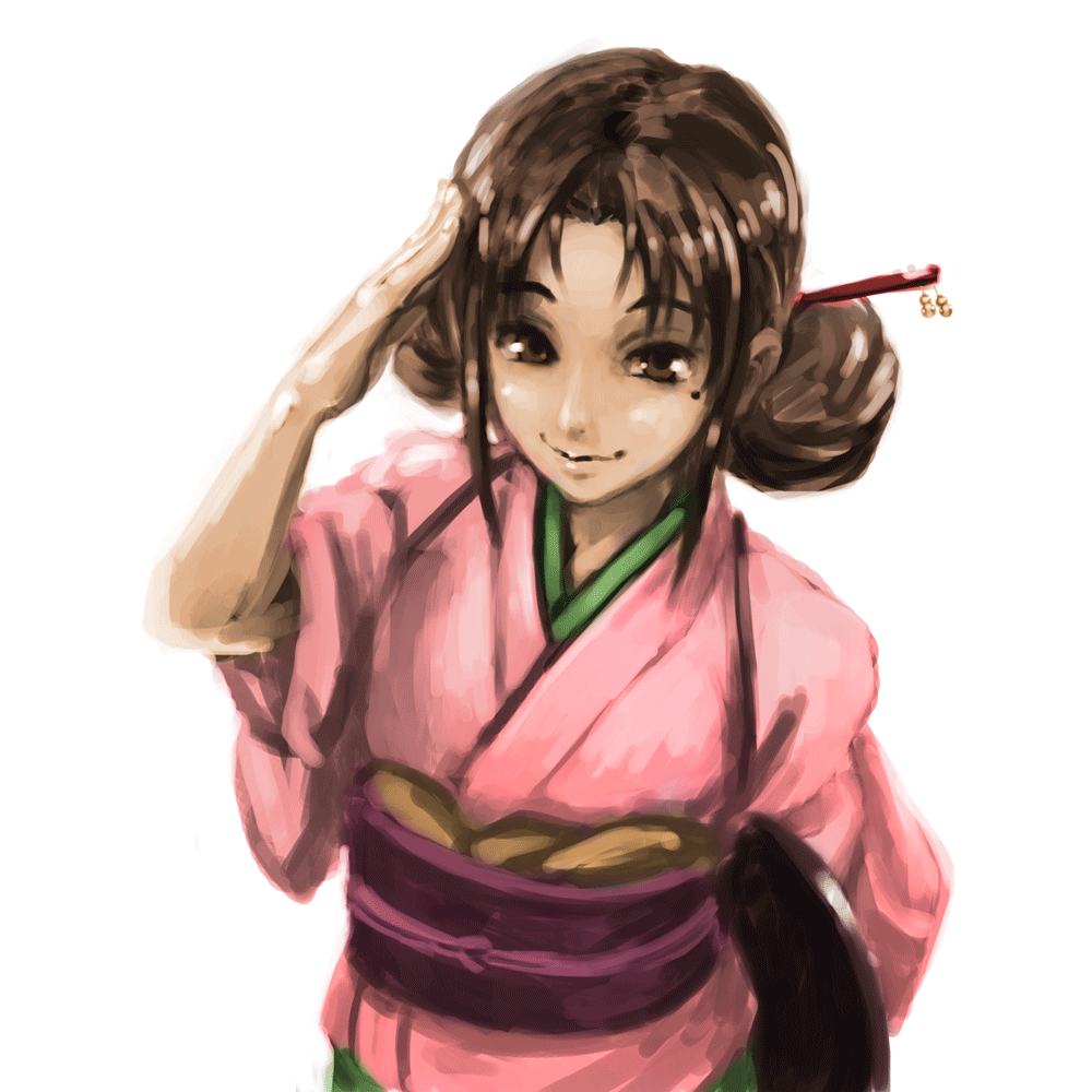 face, hair_ornament, hanasaku_iroha, japanese_clothes, mole, salute, utsugame, wajima_tomoe