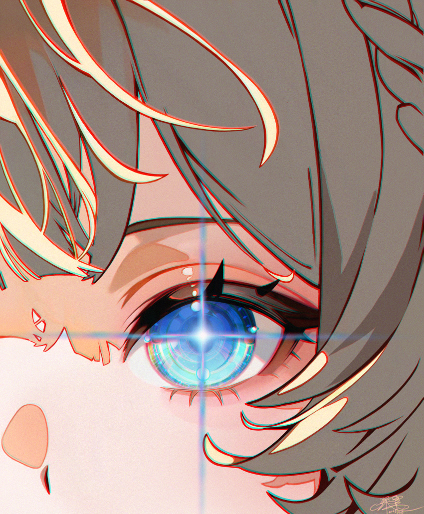 1girl, absurdres, blue_eyes, close-up, commentary, genshin_impact, grey_hair, highres