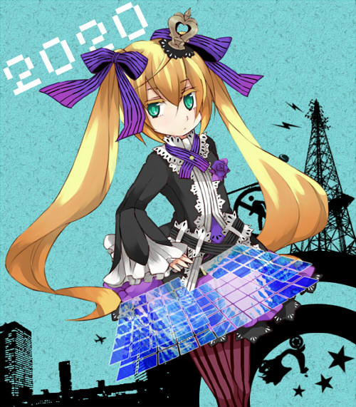 7th_dragon_2020, blonde_hair, building, crown, drop390_(sakuma), green_eyes, hacker_(7th_dragon), pantyhose, ribbon, striped, striped_legwear, tower, trickster_(7th_dragon), twintails