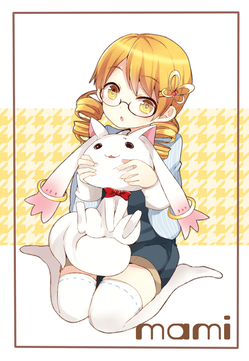 :o, ayase08, blonde_hair, blue_dress, blush, dress, drill_hair, glasses, hair_ornament, head_tilt, highres, holding, kyubey, mahou_shoujo_madoka_magica, open_mouth, pun2, sitting, squish, thigh-highs, thighhighs, tomoe_mami, twin_drills, white_legwear, zettai_ryouiki