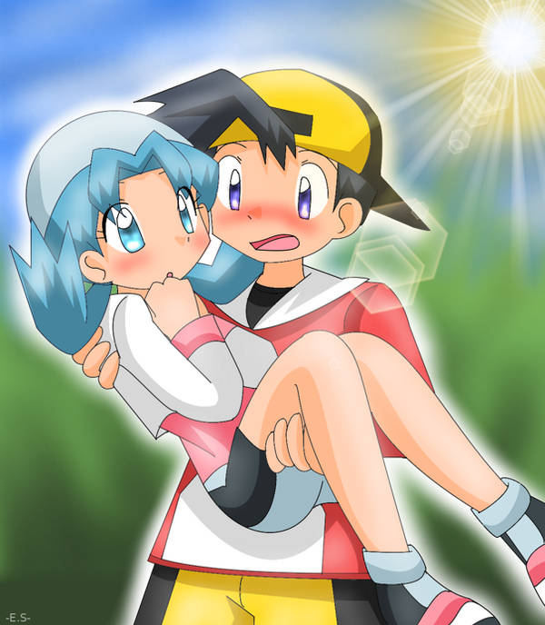 1boy, 1girl, black_hair, blue_eyes, blue_hair, blush, carrying, carrying_person