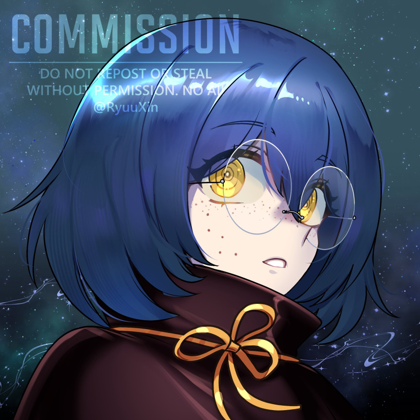 1girl, black_cloak, blue_background, blue_hair, cloak, commentary, commission, double-parted_bangs, english_commentary, freckles, glasses, hair_between_eyes, highres, looking_at_viewer, night, original, parted_lips, portrait, ribbon, ringed_eyes, round_eyewear, ryuuxin, short_hair, sky, solo, star_(sky), starry_sky, watermark, yellow_eyes, yellow_ribbon