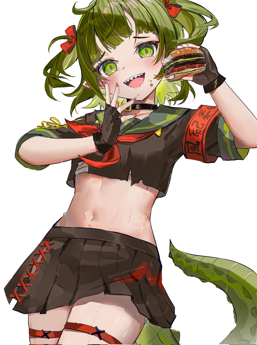 1girl, absurdres, armband, black_gloves, burger, cawfy, copyright_request, crocodile_girl