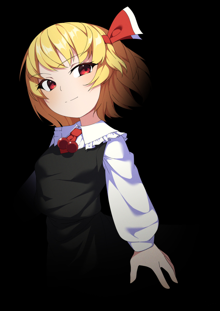 1girl, black_background, black_vest, blonde_hair, closed_mouth, hair_ribbon, highres, looking_to_the_side