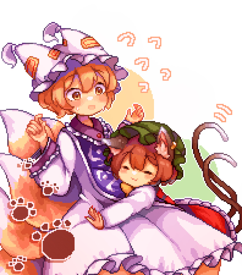 2girls, :3, ^_^, animal_ear_fluff, animal_ear_headwear, animal_ears, blonde_hair, blue_tabard, blush, brown_hair, cat_ears, cat_girl, cat_tail, chen, closed_eyes, commentary, dress, flying_sweatdrops, fox_girl, fox_tail, frilled_hat, frills, green_hat, hat, highres, kitsune, leaning_on_person, long_sleeves, looking_at_another, mob_cap, multiple_girls, multiple_tails, omochinegi, paw_print, pixel_art, short_hair, smile, sweatdrop, tabard, tail, tail_under_clothes, touhou, two_tails, white_dress, white_hat, yakumo_ran, yuri