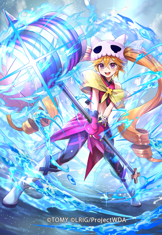 1girl, black_pantyhose, blonde_hair, boots, copyright_notice, cropped_shirt, drill_hair, eldora_(wixoss)