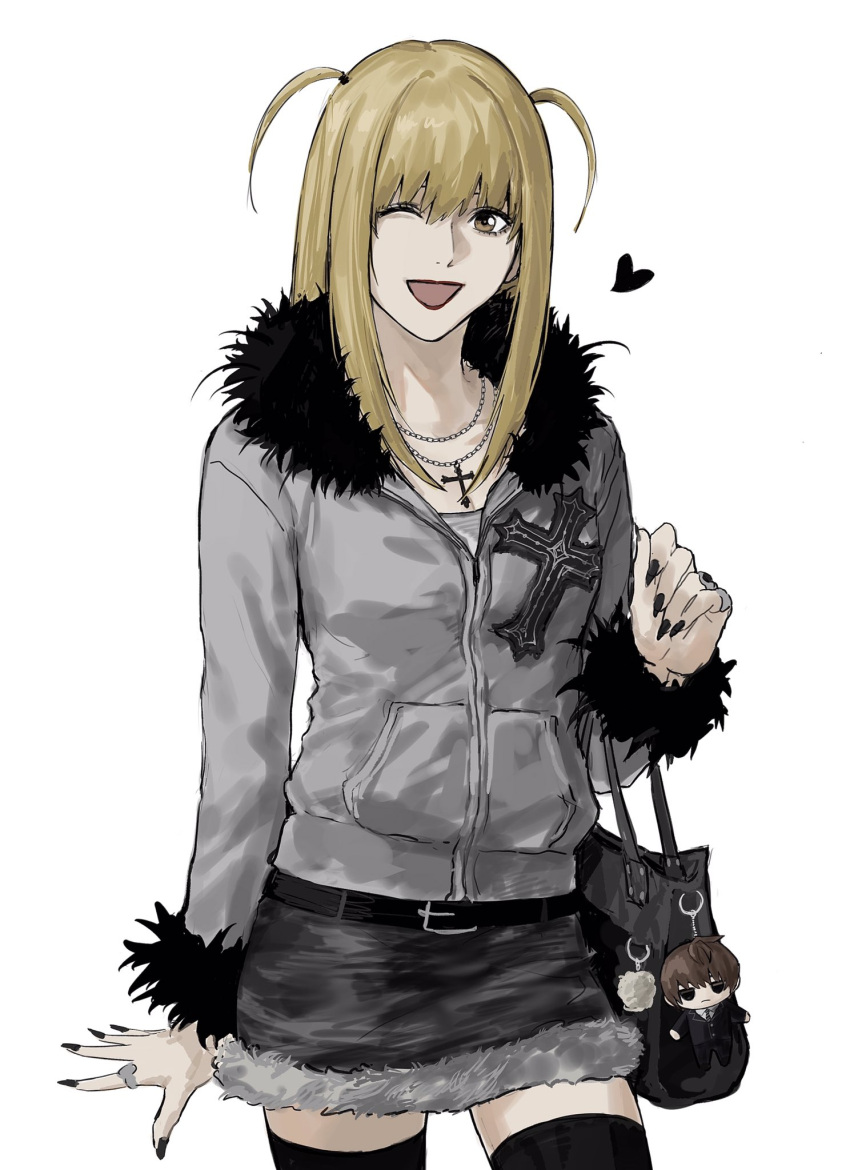 1girl, amane_misa, black_nails, black_thighhighs, blonde_hair, cowboy_shot, cross, cross_necklace, death_note, fingernails, fur_skirt, fur_sleeves, fur_trim, grey_jacket, heart, highres, jacket, jewelry, long_hair, looking_at_viewer, necklace, one_eye_closed, open_mouth, ring, sharp_fingernails, simple_background, skirt, smile, solo, sso_s, thigh-highs, white_background