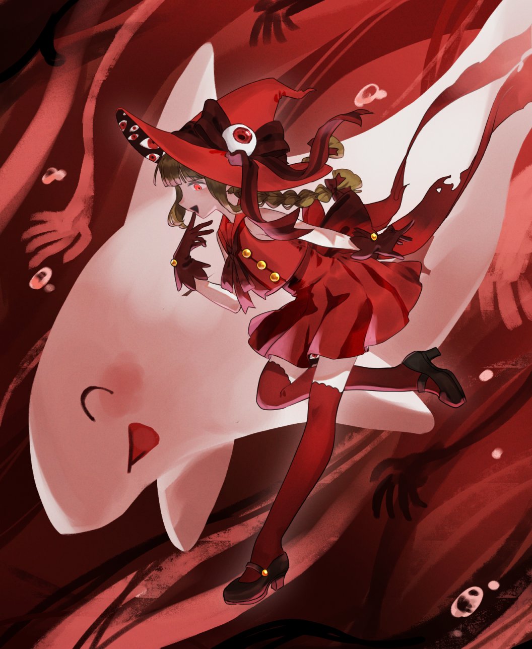 bow, braid, brown_hair, funamusea, gloves, gold_buttons, hat, highres