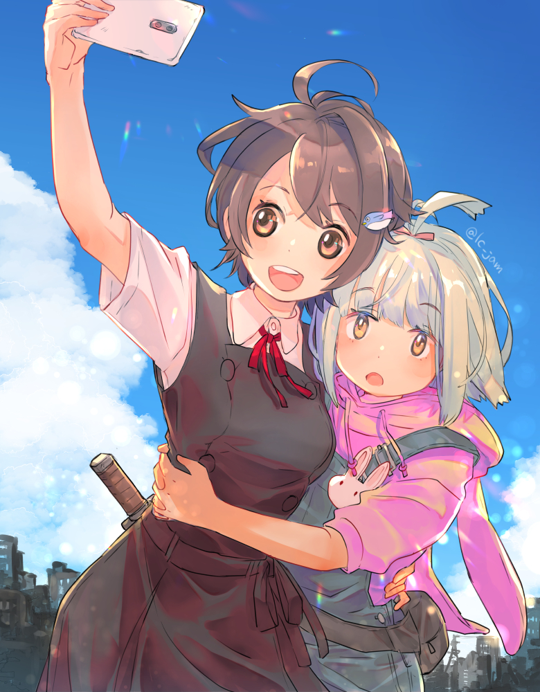 2girls, :d, abandoned, ahoge, airi_(shuumatsu_touring), black_overalls, blue_overalls, blue_sky
