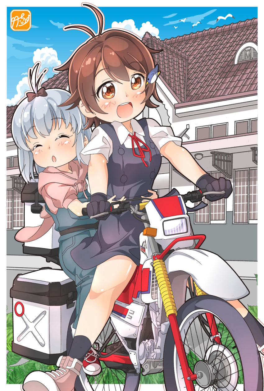 2girls, :d, :o, airi_(shuumatsu_touring), black_gloves, black_overalls, blue_overalls, blue_sky