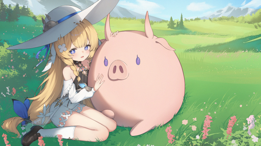 +_+, 1girl, absurdres, black_shoes, blonde_hair, blue_eyes, braid, ciza_gomi, commentary, detached_sleeves, duet_night_abyss, filbert_(duet_night_abyss), flower, grass, hair_ornament, hat, highres, long_hair, long_sleeves, looking_at_viewer, low-tied_long_hair, on_grass, open_mouth, outdoors, pig, puffy_long_sleeves, puffy_sleeves, shoes, shorts, sitting, socks, sun_hat, truffle_(duet_night_abyss), very_long_hair, wariza, white_hat, white_shorts, white_sleeves, white_socks