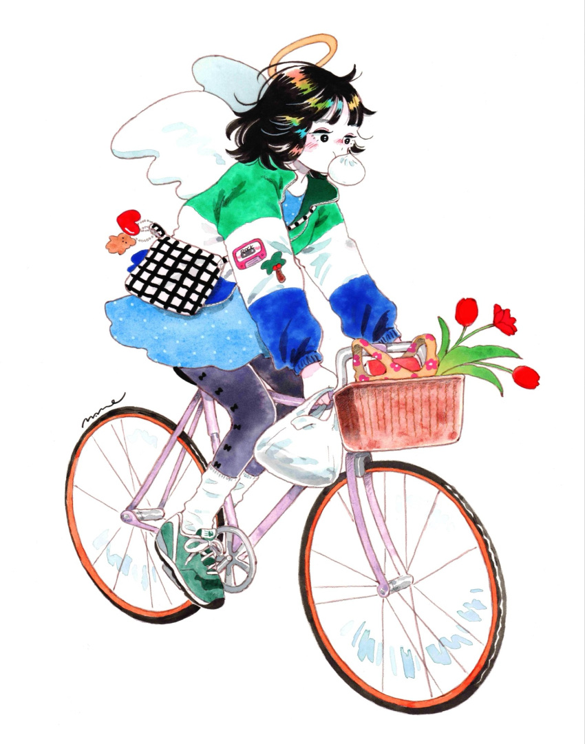 1girl, angel, angel_wings, bag, bicycle, bicycle_basket, black_eyes, black_hair