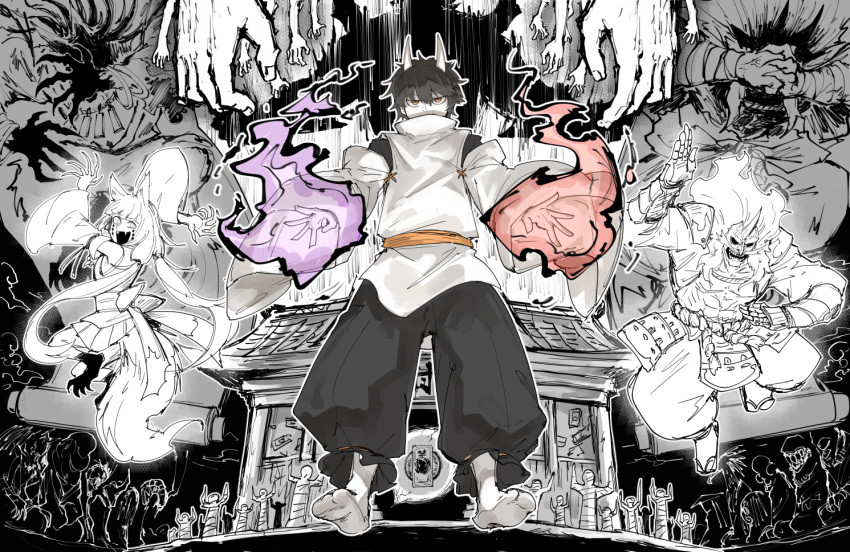 1girl, 2boys, animal_ears, arms_at_sides, baggy_pants, black_hair, black_pants, blot_plot, claws, commentary_request, demon_horns, detached_sleeves, fangs, fighting_stance, fire, fox_ears, fox_girl, fox_tail, full_body, horns, japanese_clothes, kankan33333, kei_(kankan33333), looking_at_viewer, male_focus, monochrome_background, monster_boy, multiple_boys, open_mouth, orange_eyes, orange_sash, original, pale_skin, pants, purple_fire, pyrokinesis, short_hair, tabi, tail, tunic, white_tunic