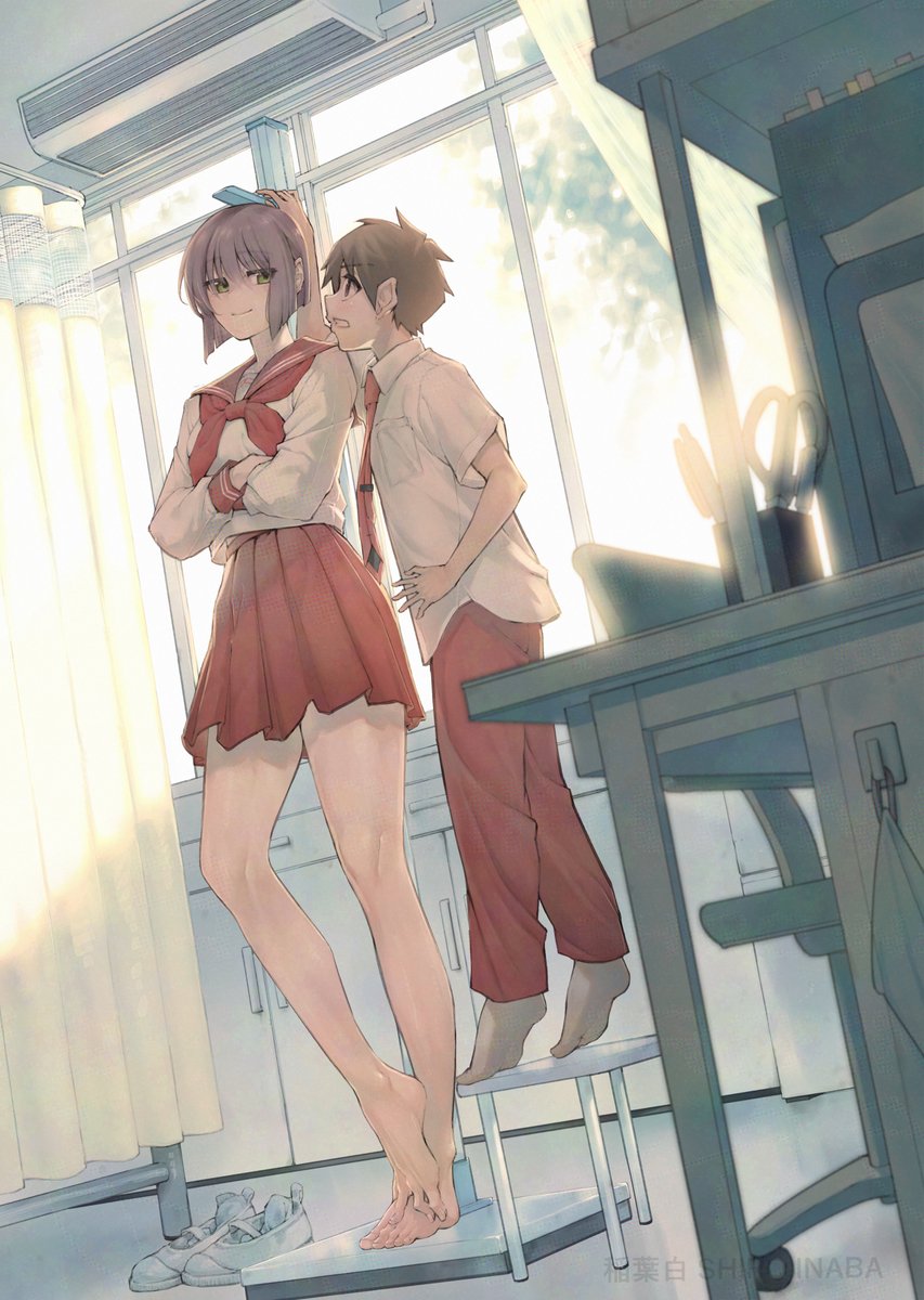 1boy, 1girl, air_conditioner, bare_legs, barefoot, brown_hair, closed_mouth, commentary_request