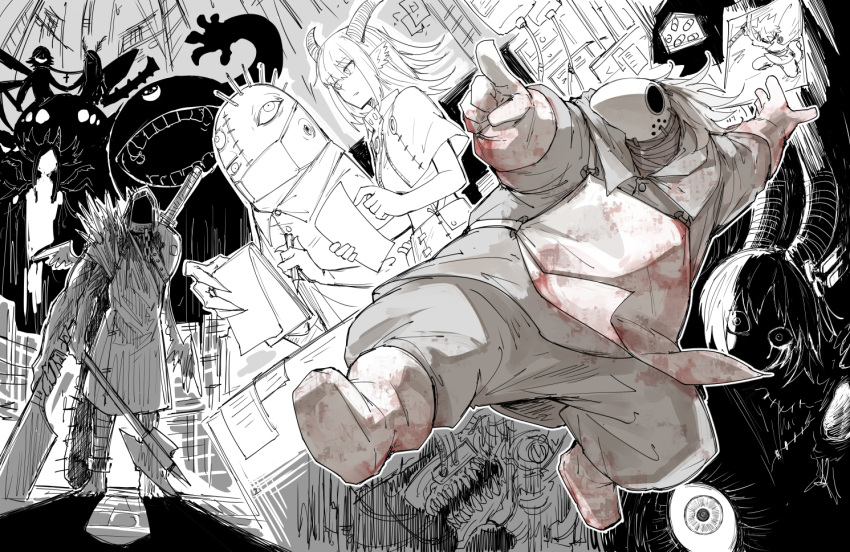 1girl, apron, axe, blood, blood_on_clothes, blot_plot, boots, butcher