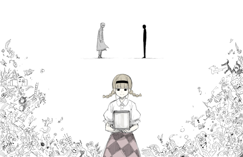 1boy, 1girl, black_eyes, black_hairband, blot_plot, blunt_bangs, box, braid