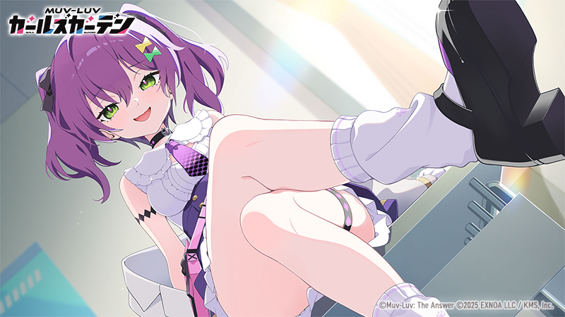 1girl, 2021, arm_tattoo, black_bow, black_collar, black_shoes, bow, collar, copyright_logo, copyright_name, copyright_notice, crossed_legs, fukino_tou, green_eyes, hair_bow, indoors, kuchiba_rami, logo, loose_socks, muv-luv, muv-luv_girls_garden, necktie, official_art, open_mouth, purple_hair, purple_necktie, shirt, shoes, short_necktie, sitting, sleeveless, sleeveless_shirt, socks, solo, tattoo, thigh_strap, twintails, white_shirt