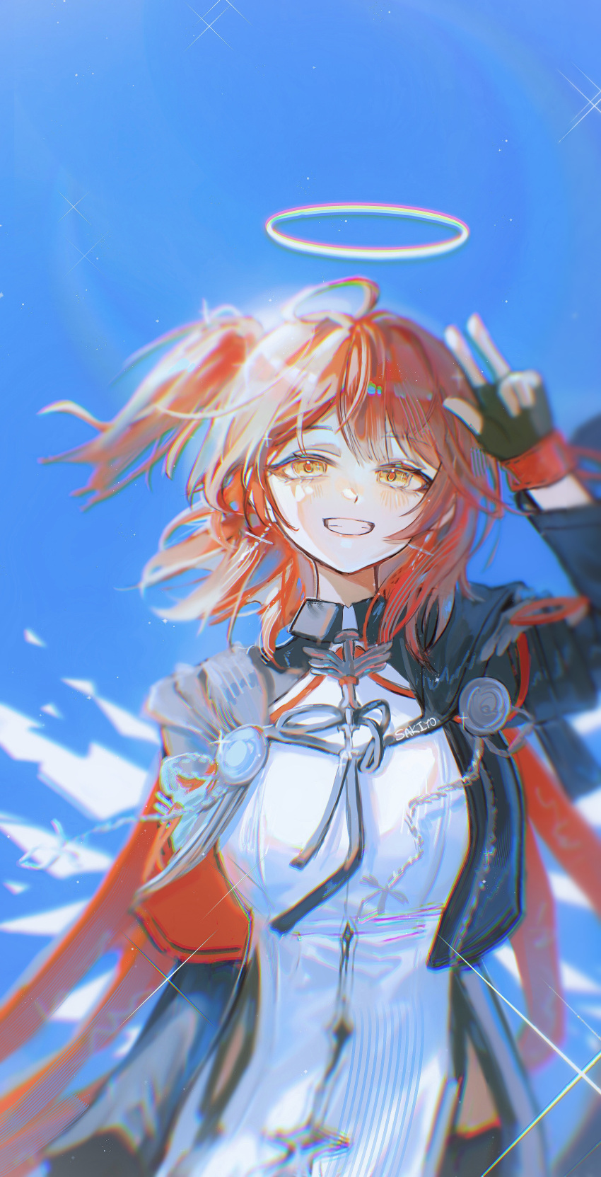 1girl, :d, absurdres, arknights, arm_up, artist_name, black_gloves, black_jacket