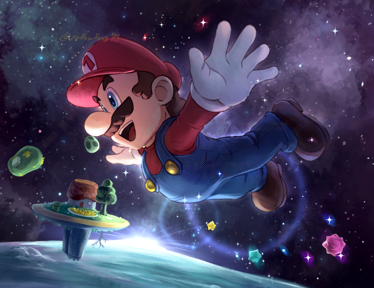 1boy, blue_eyes, blue_overalls, brown_hair, facial_hair, flying, gloves, hat