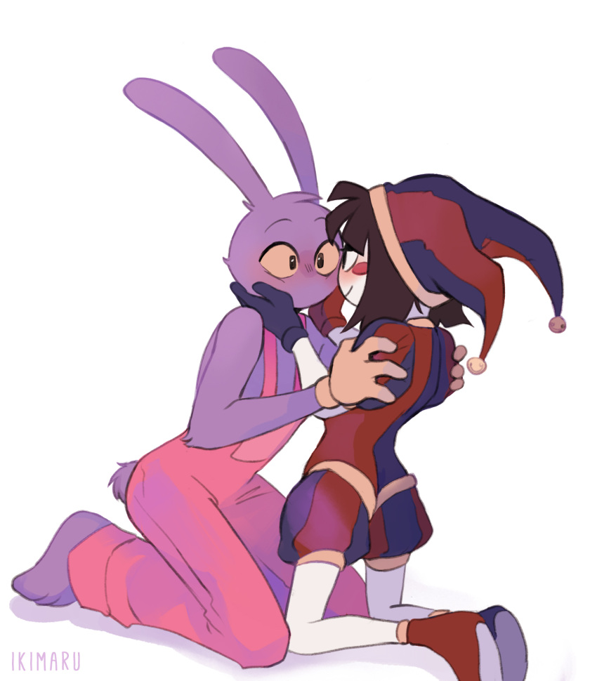 1boy, 1girl, asymmetrical_gloves, blue_gloves, blush_stickers, brown_hair, colored_skin, furry