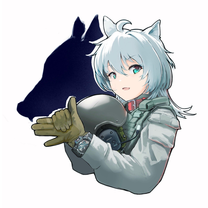1girl, b-luck_coffee, blue_eyes, bulletproof_vest, cropped_torso, dog_shadow_puppet, from_side, gloves, green_gloves, helmet, highres, long_sleeves, looking_at_viewer, medium_hair, original, solo, unworn_headwear, unworn_helmet, watch, wolf
