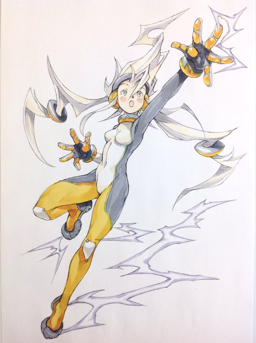 1girl, arm_up, black_gloves, bodysuit, breasts, commentary_request, covered_navel, electricity, electrokinesis, gloves, grey_bodysuit, hair_between_eyes, hair_ornament, headphones, highres, leg_up, long_hair, multicolored_bodysuit, open_mouth, original, peter_salt, small_breasts, solo, spiky_hair, standing, standing_on_one_leg, traditional_media, twintails, very_long_hair, white_bodysuit, white_hair, yellow_bodysuit