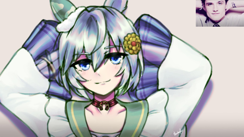 1girl, animal_ears, arms_behind_head, blue_eyes, bow, brown_choker, choker, ear_bow