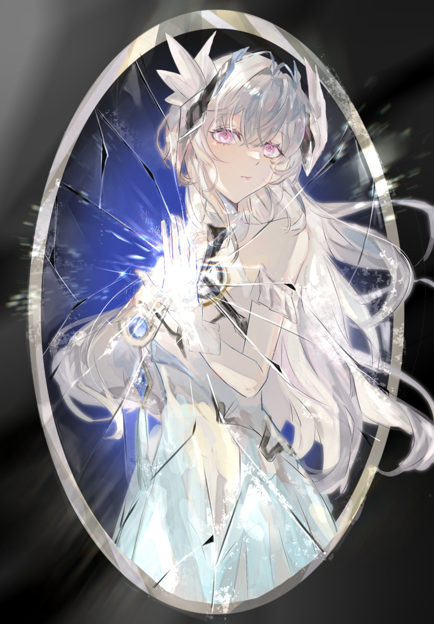 1girl, bare_shoulders, black_background, dress, francis_cairo, frilled_wrist_cuffs, frills, glass_shards
