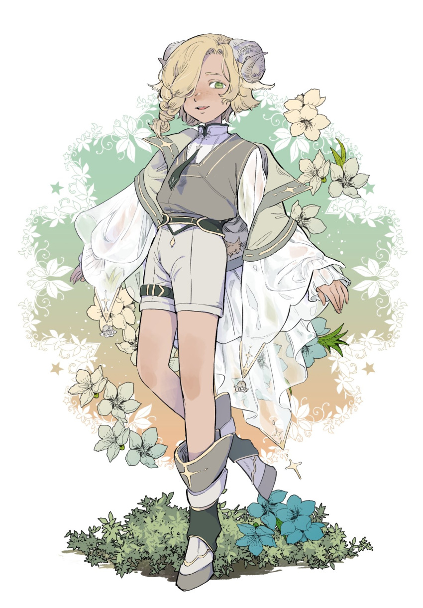 1boy, animal_ears, ano_amesuke, blonde_hair, boots, braid, commentary_request, flower