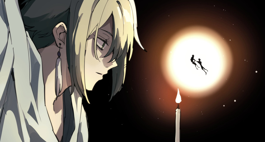 1boy, black_background, blonde_hair, candle, candlelight, commentary, earrings, elan_ceres