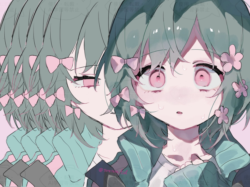 1girl, aqua_jacket, bow, chinese_text, empty_eyes, expressionless, floral_bow_hair_ornament, flustered