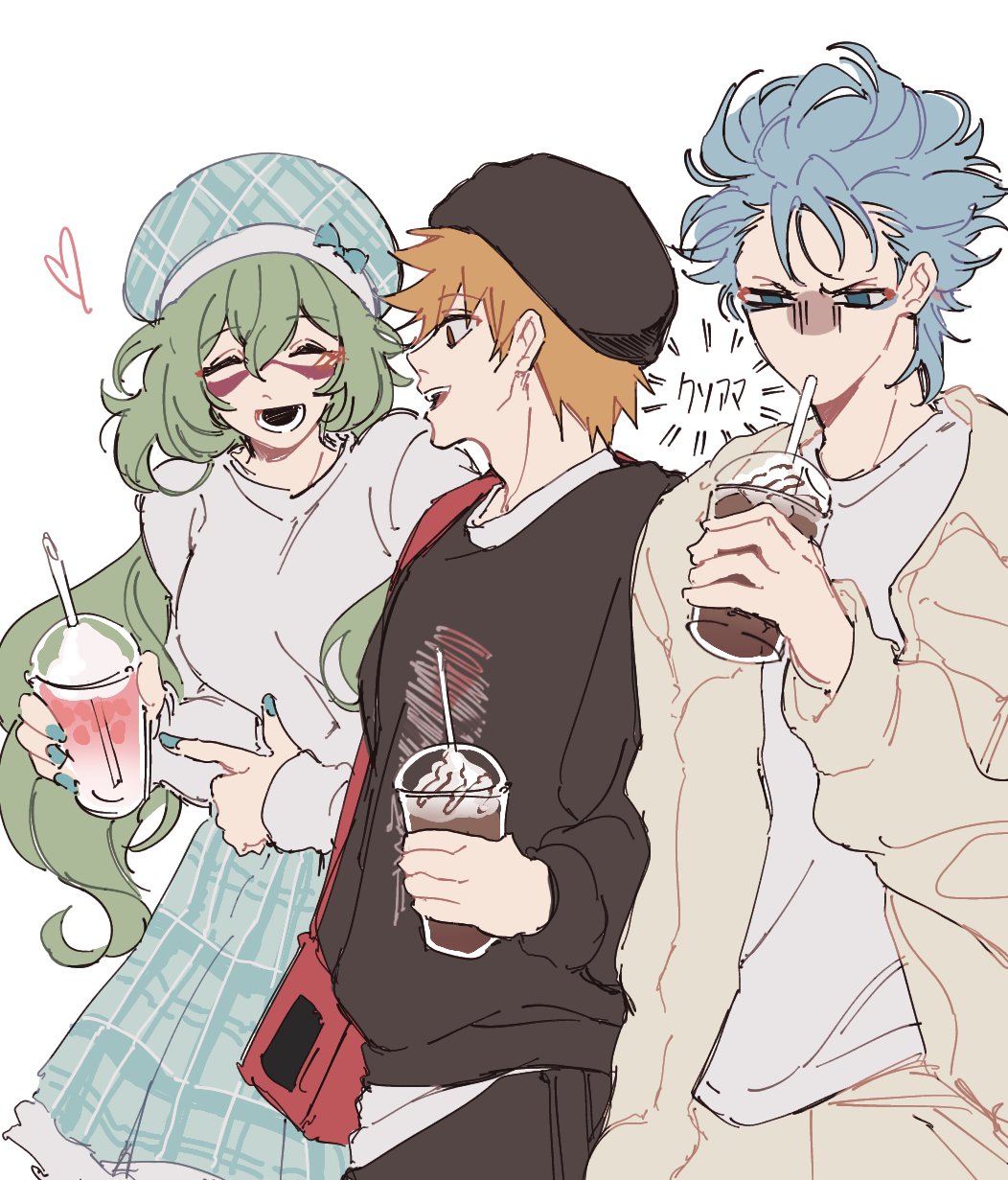 1girl, 2boys, bag, black_hat, black_pants, black_sweater, bleach, blue_eyes