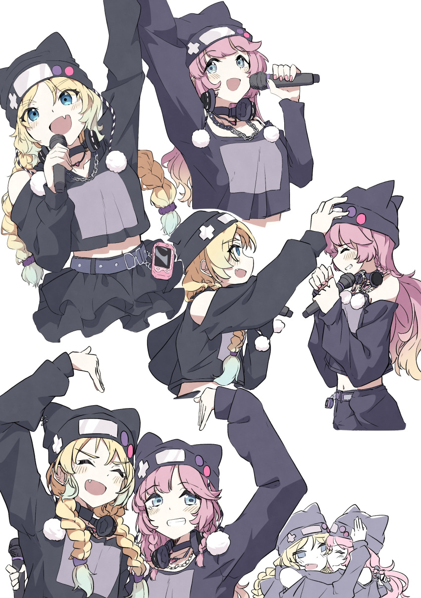 2girls, 5th_live_tour_~4pair_power_spread!!!!~, :d, absurdres, animal_hat, anyoji_hime, bare_shoulders, beanie, belt, black_choker, black_hat, black_pants, black_shirt, black_skirt, blonde_hair, blue_eyes, blush, braid, cat_hat, choker, collarbone, commentary, fang, frilled_skirt, frills, gradient_hair, grin, hat, headpat, headphones, headphones_around_neck, heart_arms, heart_arms_duo, heart_ni_q_(love_live!), highres, holding, holding_microphone, hug, link!_like!_love_live!, long_hair, long_sleeves, looking_at_viewer, love_live!, low_twin_braids, microphone, midriff, miniskirt, mira-cra_park!, multicolored_hair, multiple_girls, multiple_views, navel, nyao_signyal, off-shoulder_shirt, off_shoulder, official_alternate_costume, open_mouth, osawa_rurino, pants, pink_hair, shirt, simple_background, sio_pasta, skirt, smile, twin_braids, very_long_hair, virtual_youtuber, white_background