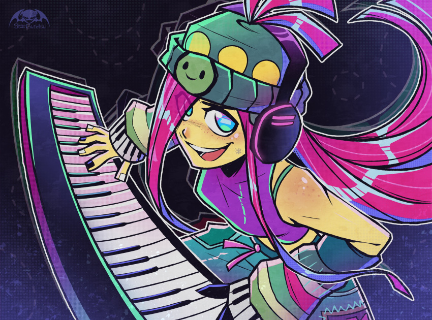 1girl, aqua_pants, artist_logo, artist_name, beanie, black_background, black_nails, blue_background, blue_eyes, body_freckles, breasts, casey_(no_straight_roads), commentary, english_commentary, freckles, gradient_background, green_hat, hat, headphones, highres, instrument, keyboard_(instrument), leaning_forward, logo, long_hair, looking_at_viewer, multicolored_nails, multicolored_sleeves, music, no_straight_roads, no_straight_roads_2, pants, parted_lips, pink_hair, playing_instrument, purple_tank_top, shoulder_freckles, small_breasts, smile, solo, stargureisu, tank_top, upper_body, white_nails, yellow_circle