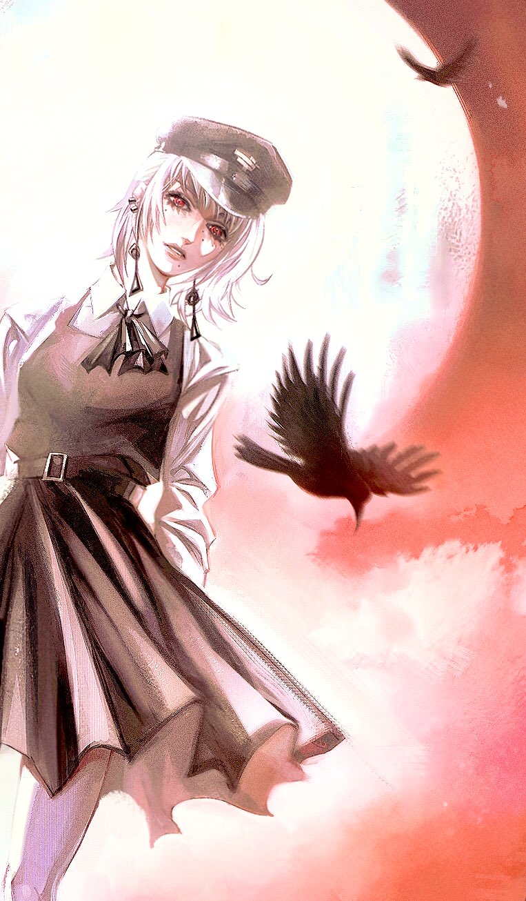 1girl, bird, black_dress, black_hat, chainsaw_man, collared_shirt, crow, dress