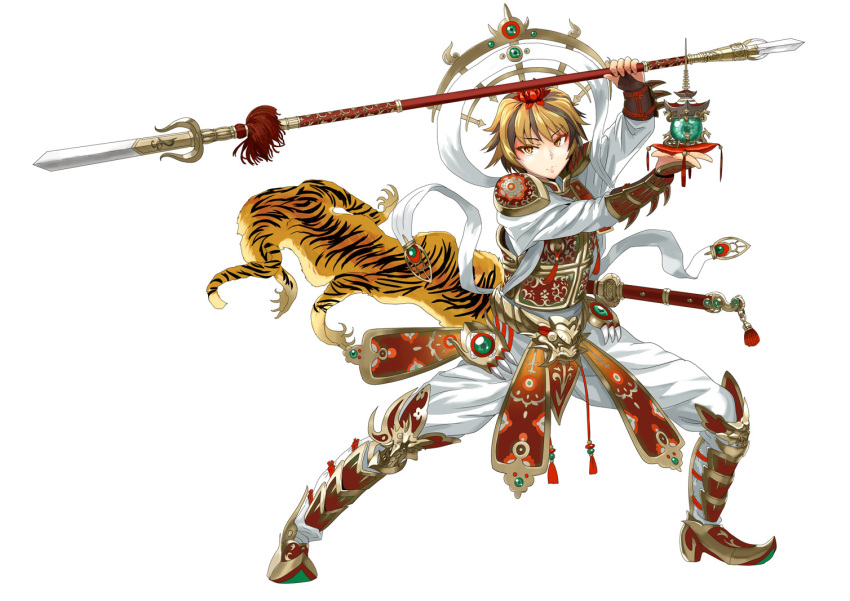 alternate_costume, armor, bishamonten, bishamonten_(cosplay), blonde_hair, boots, brown_eyes, embellished_costume