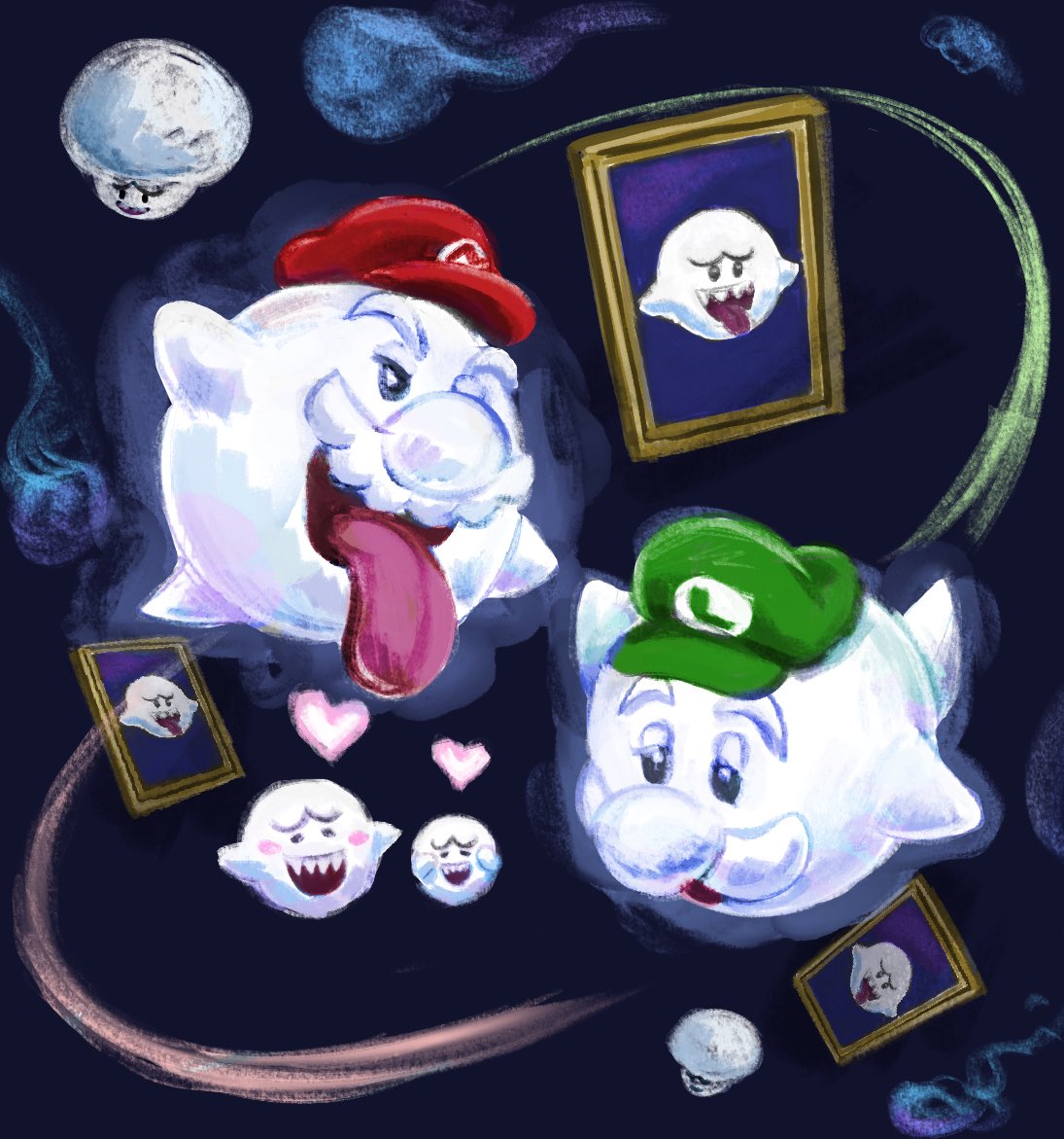 boo_(mario), boo_luigi, boo_mario, boo_mushroom, facial_hair, green_hat, hat, heart, luigi, mario, mustache, painting_(object), red_hat, sharp_teeth, super_mario_bros., super_mario_galaxy, teeth, tongue, tongue_out, upper_teeth_only, yamari_(ya_mari_6363)