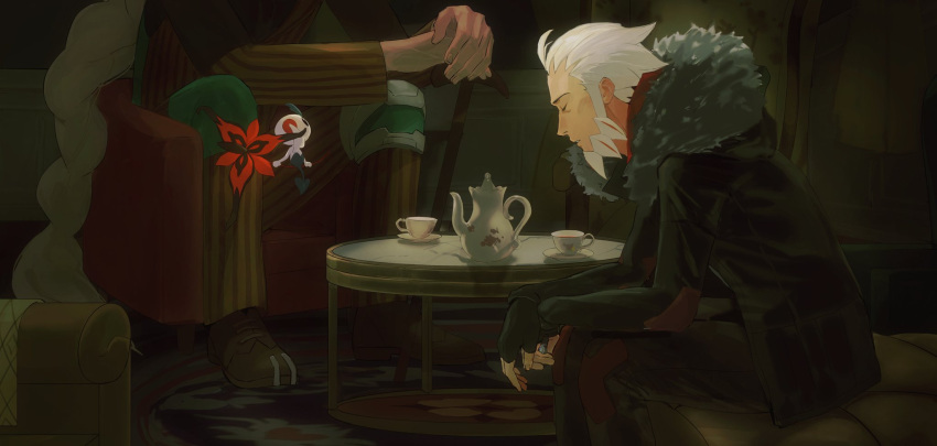 2boys, armchair, az_(pokemon), beard, black_gloves, black_jacket, black_pants, brown_shoes