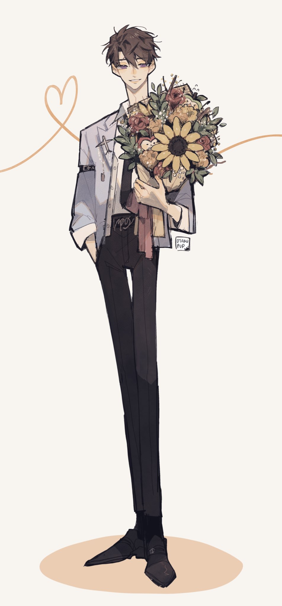 1boy, airplane_ornament, apple, artist_name, black_necktie, black_pants, black_shoes, black_socks, bouquet, brown_hair, caleb_(love_and_deepspace), collared_shirt, flower, food, fruit, full_body, grey_jacket, hair_between_eyes, hand_in_pocket, highres, holding, holding_bouquet, jacket, looking_at_viewer, love_and_deepspace, male_focus, necktie, otakupup, pants, parted_lips, pink_flower, shirt, shoes, short_hair, sleeves_rolled_up, smile, socks, solo, stuffed_apple, suit_jacket, sunflower, violet_eyes, white_background, white_shirt, yellow_flower